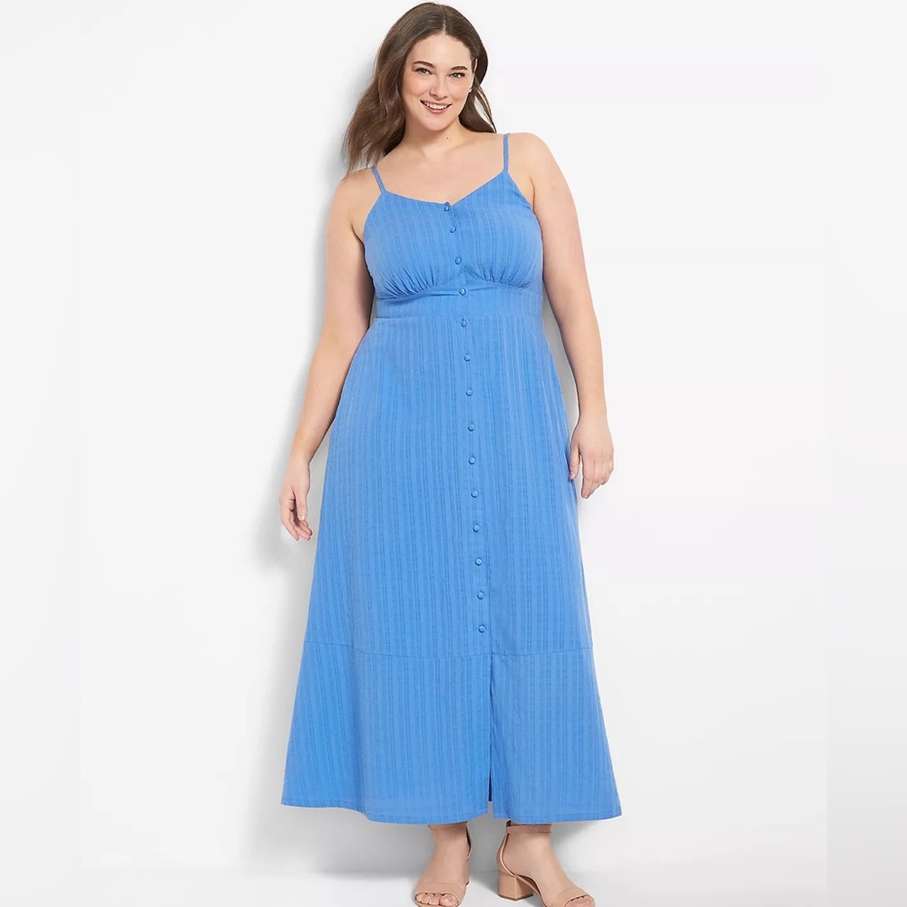 (D2) Lane Bryant Sleeveless V-Neck Blue Button-front Maxi Dress